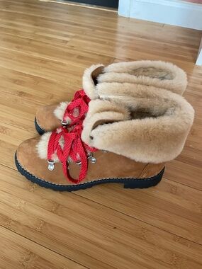 J. Crew Nordic Tan Suede Faux-Shearling Ankle Boots with Red Laces